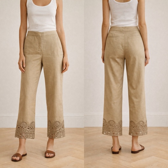 Kobi Halperin Oriana Linen Blend Tan Cropped Ankle Pants Lace Trim Hem Women’s 4 - Picture 7 of 7